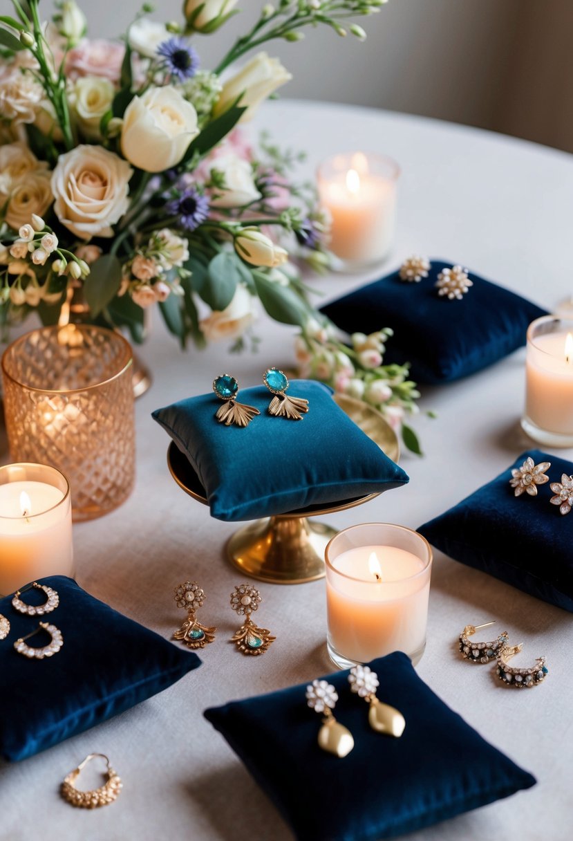 A table with a variety of elegant earrings displayed on velvet cushions, surrounded by delicate floral arrangements and soft candlelight