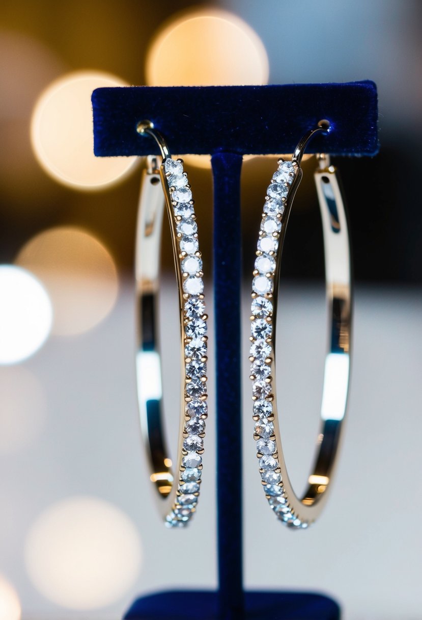 A sparkling pair of Solanales Crystal Pavé Hoop Earrings dangle from a velvet jewelry display, catching the light and casting shimmering reflections