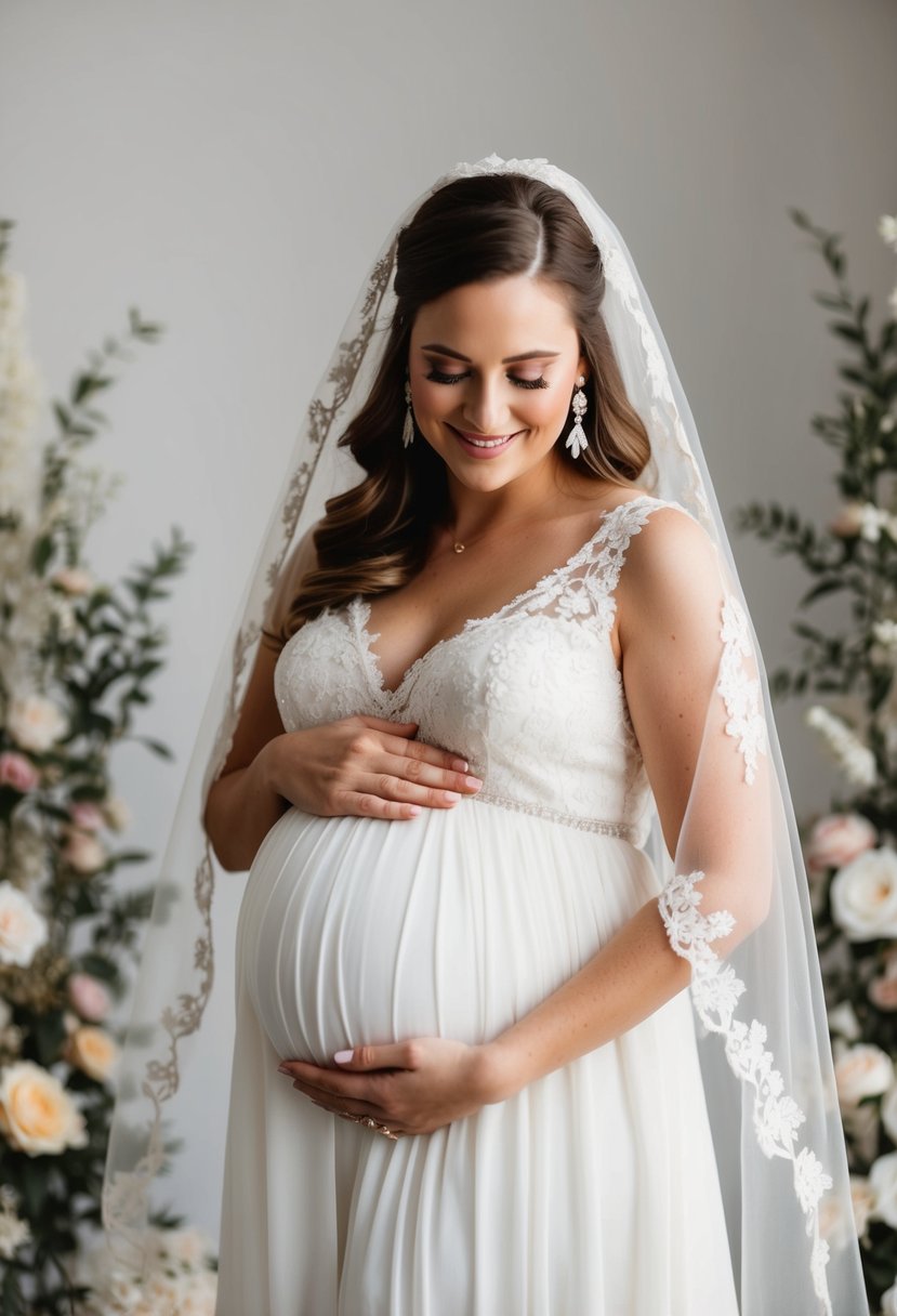 A glowing bride-to-be in a flowing white gown, gently cradling her baby bump, surrounded by delicate lace and floral details