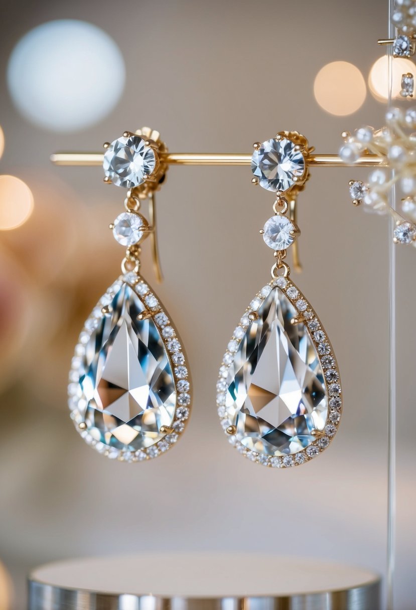 A sparkling pair of Alianah Crystal Drop Earrings dangle from an elegant display, catching the light and adding a touch of glamour to a wedding guest's ensemble