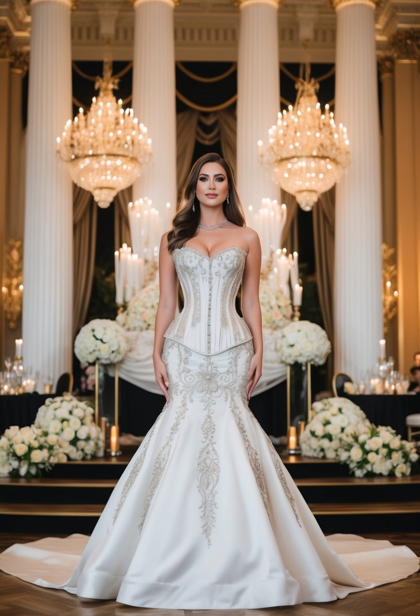 A grand ballroom with towering columns, adorned with intricate corset details, set against a backdrop of opulent wedding decor