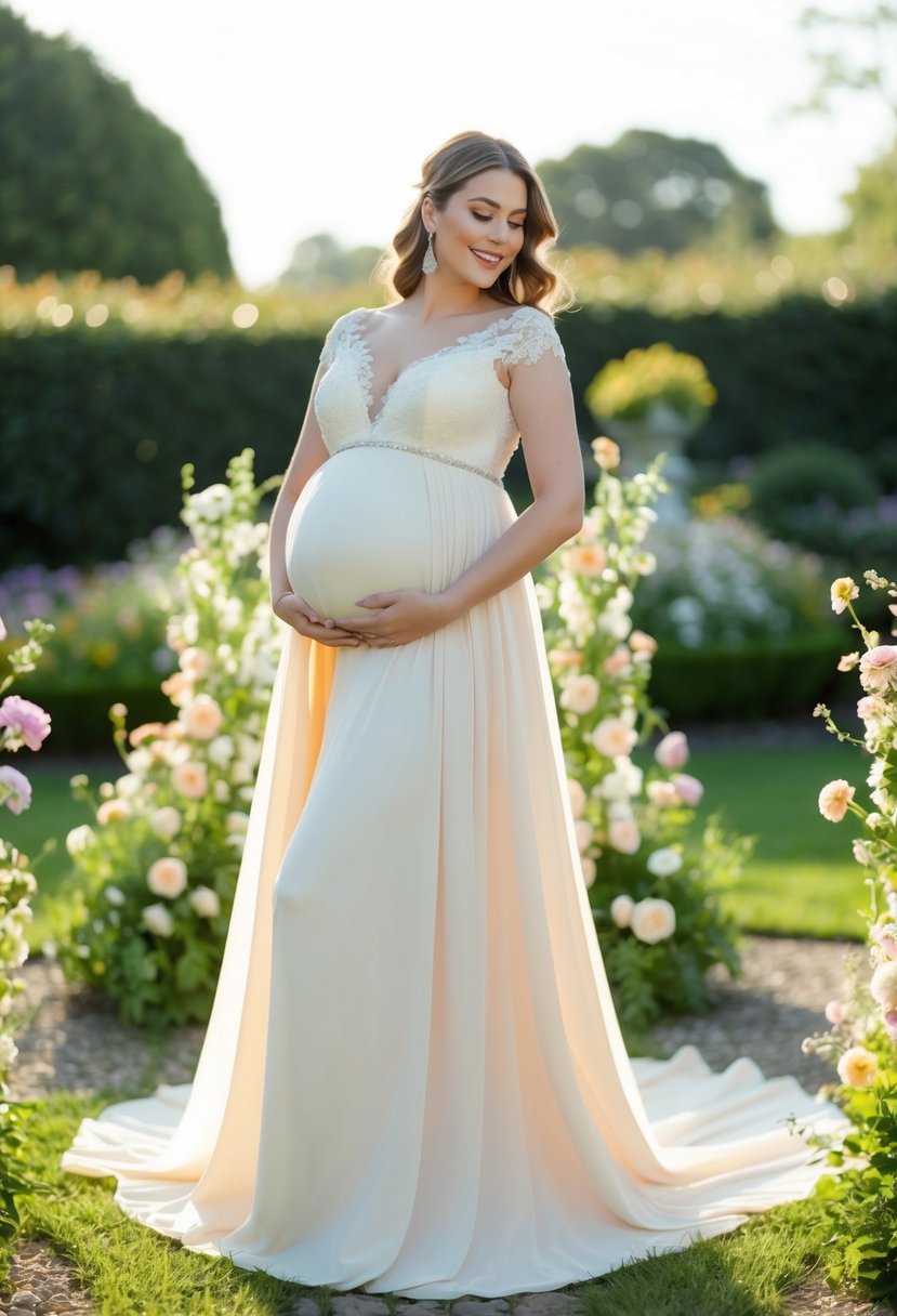 A glowing pregnant woman in an A-line silhouette gown, surrounded by delicate floral and lace details, standing in a romantic garden setting