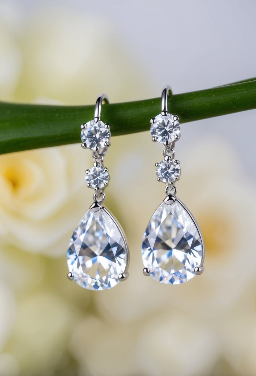 A close-up of elegant teardrop earrings with cubic zirconia, dangling against a soft, blurred background, perfect for a wedding guest