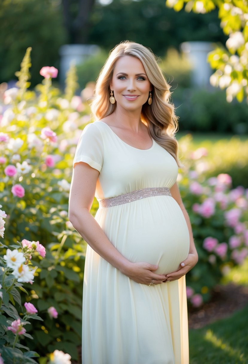 A glowing pregnant woman in an empire waist dress stands in a garden, surrounded by blooming flowers and soft sunlight, with a serene smile on her face