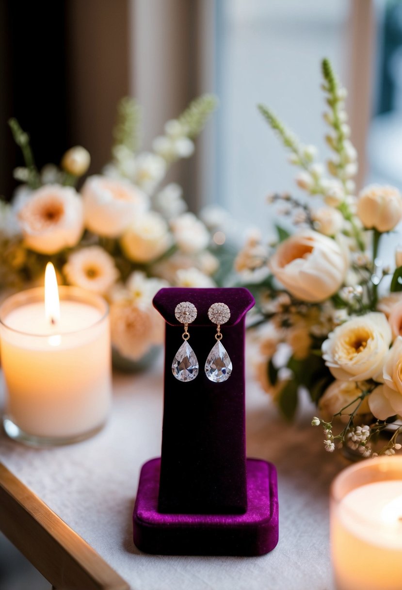 A pair of sparkling crystal drop earrings on a velvet jewelry display, surrounded by soft candlelight and delicate floral arrangements