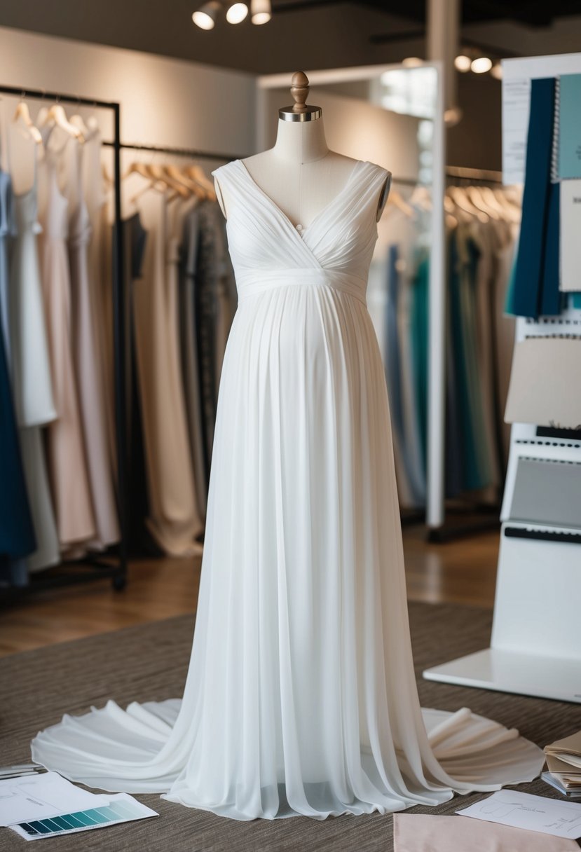 A flowy chiffon maternity wedding dress displayed on a mannequin, surrounded by fabric swatches and design sketches