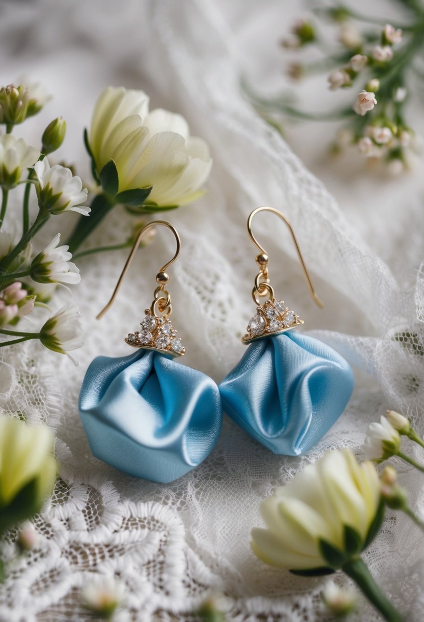 A pair of crumpled drop earrings surrounded by delicate flowers and elegant lace fabric