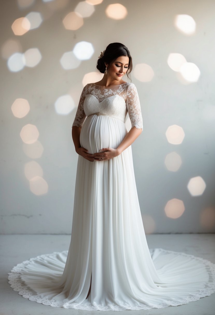 A flowing white wedding dress with delicate lace detailing, designed to accommodate a 5-month pregnant figure