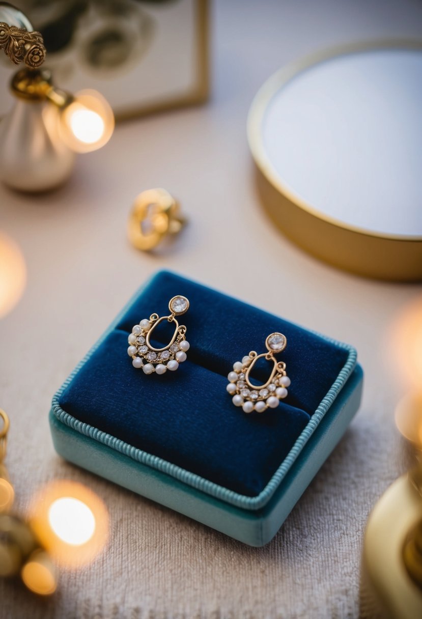 Two delicate knocker-style earrings displayed on a velvet cushion, surrounded by soft lighting and elegant decor