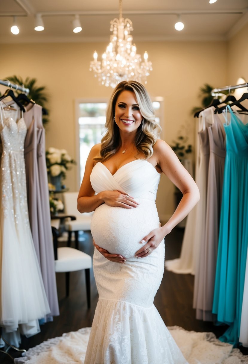 A glowing pregnant woman tries on convertible wedding dresses in a sunlit boutique