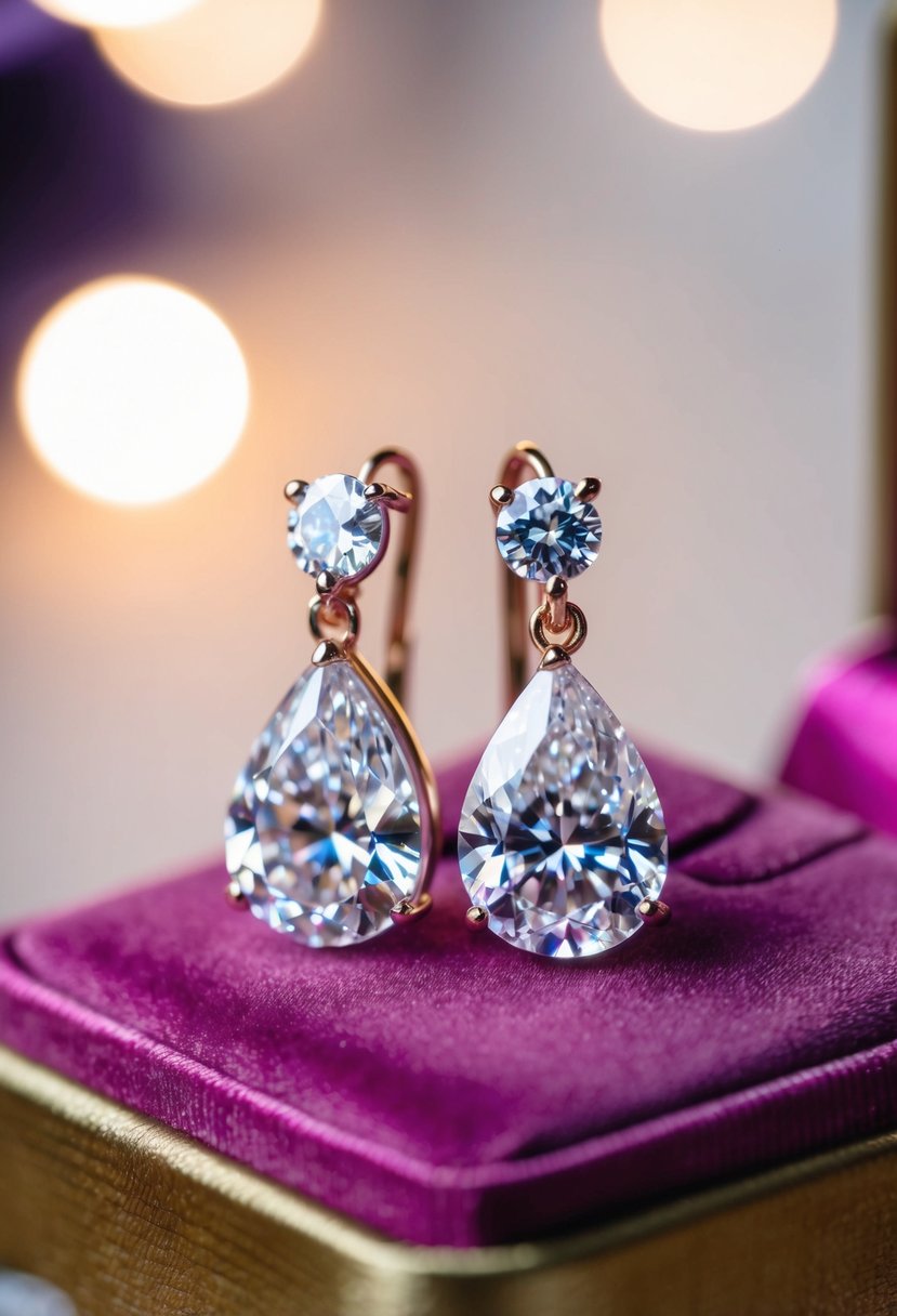 A pair of round-cut diamond teardrop earrings glistening under soft lighting, displayed on a velvet cushion