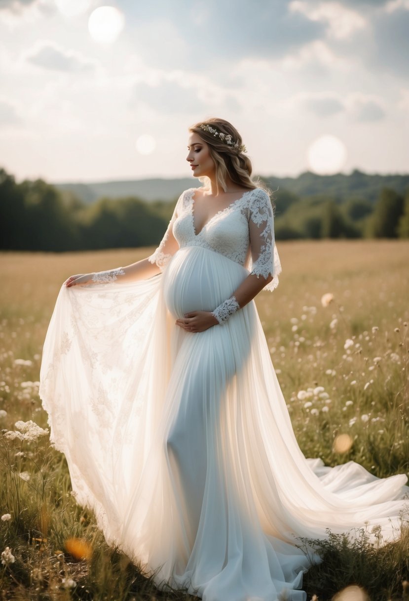 A flowing, ethereal wedding dress in bohemian style, designed to accommodate a 5-month pregnant figure, with delicate lace and floral details