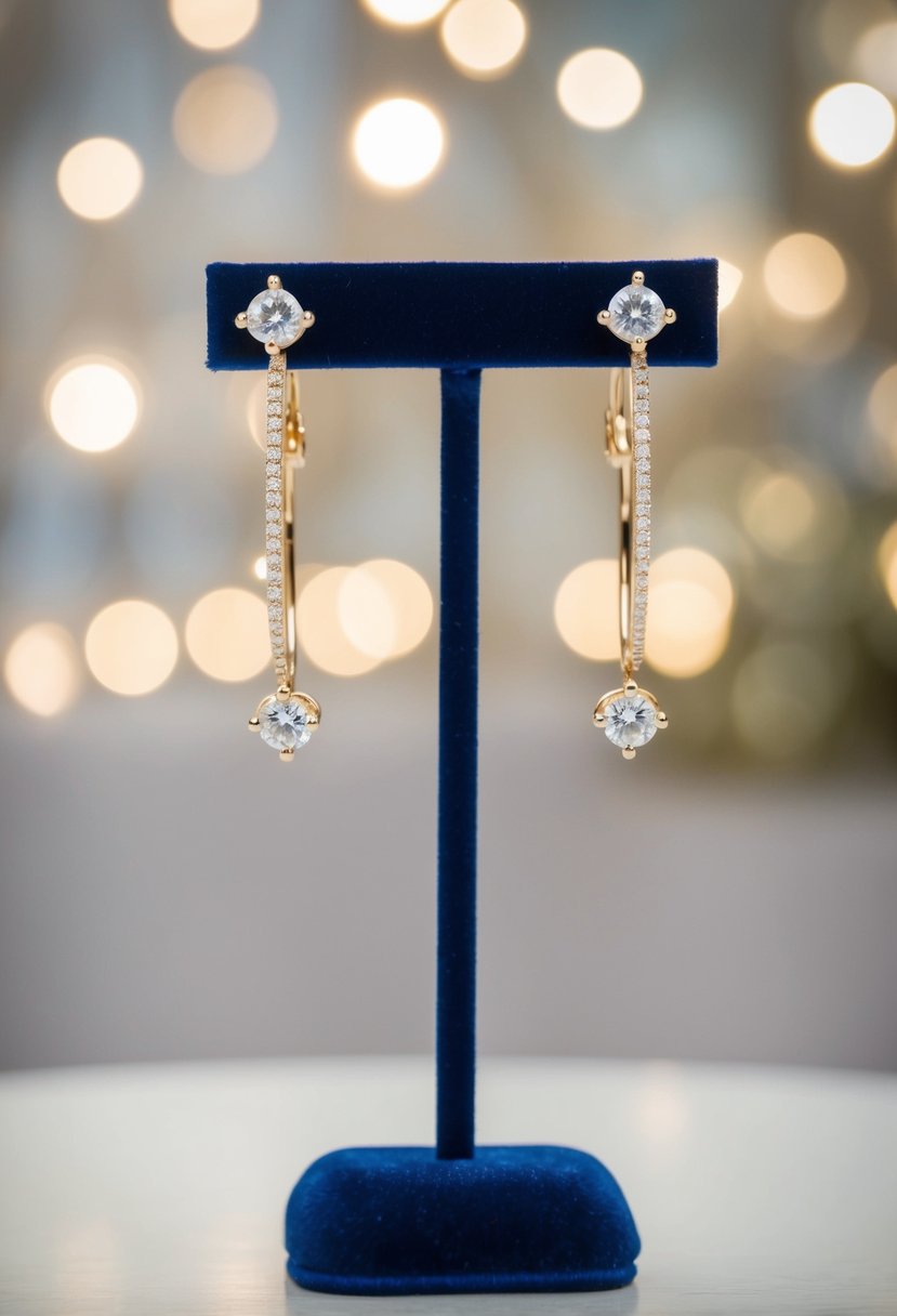 A pair of elegant threader earrings with delicate diamond accents, displayed on a velvet jewelry stand