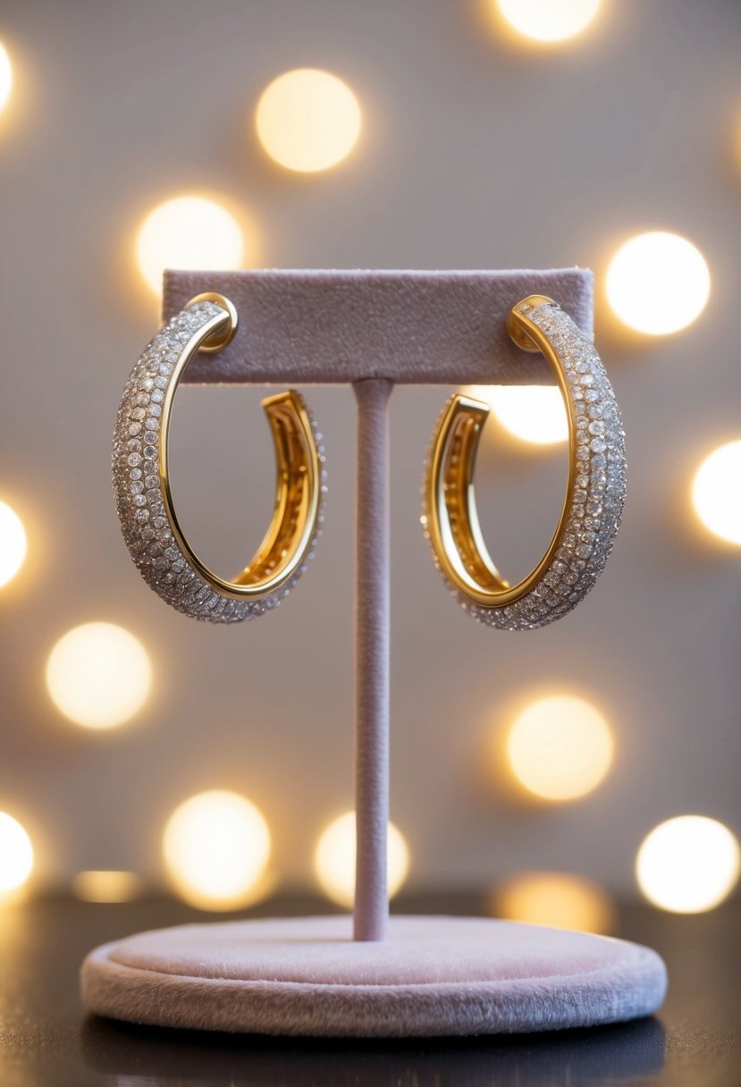 A pair of elegant ear jackets shimmering under soft lighting, displayed on a velvet jewelry stand