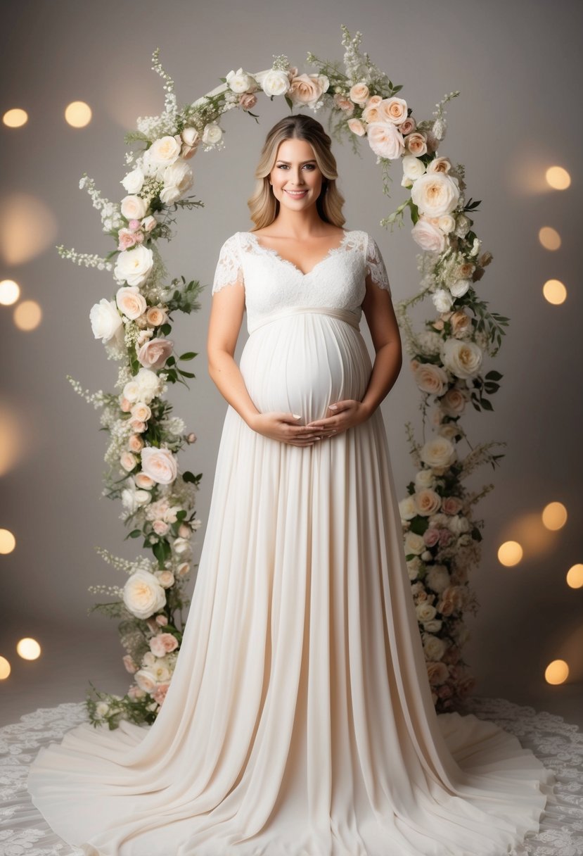 A glowing pregnant woman in a flowing, empire-waist ballgown surrounded by delicate lace and floral details. The dress drapes elegantly over her baby bump, creating a timeless and romantic silhouette