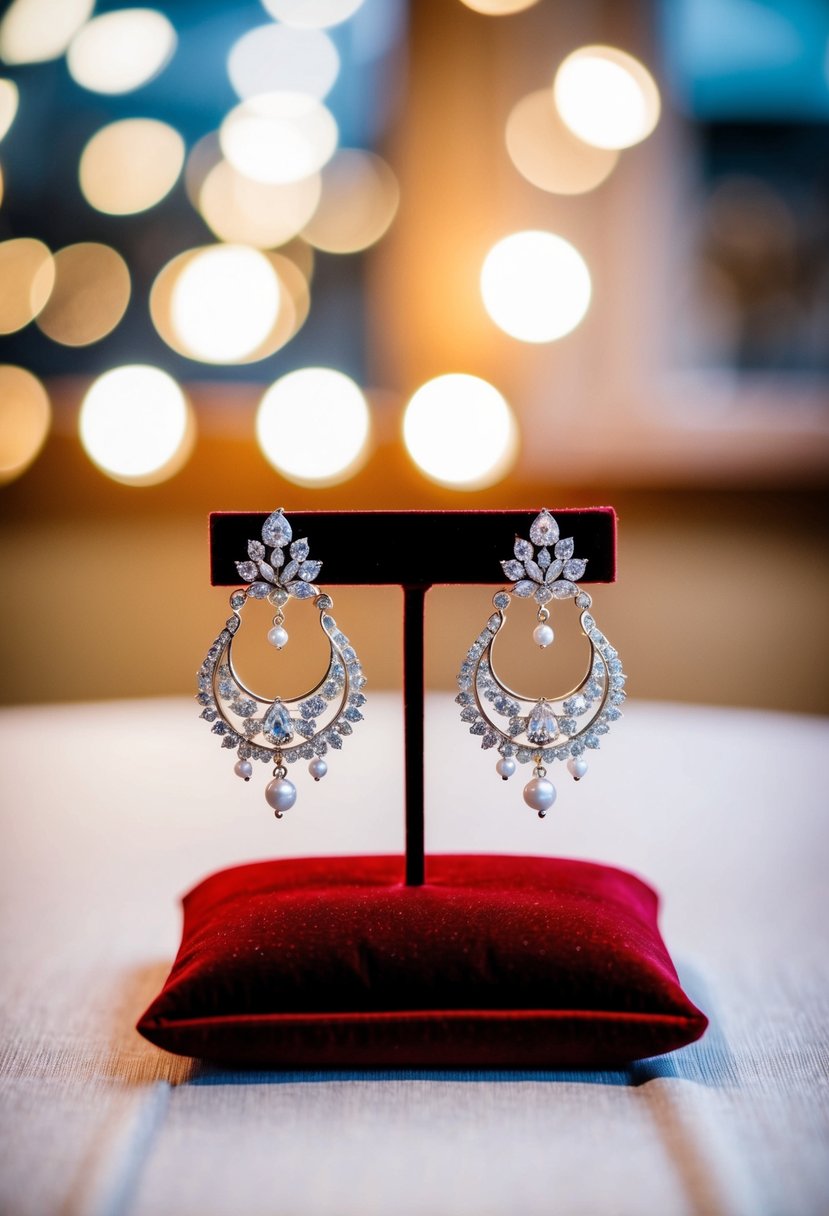 A pair of elegant bridal wedding earrings displayed on a velvet cushion with soft lighting highlighting their intricate design