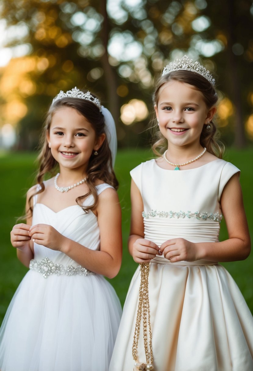 Two kids, aged 9 and 10, are playing dress-up with wedding attire, trying on different styles and accessories for fun