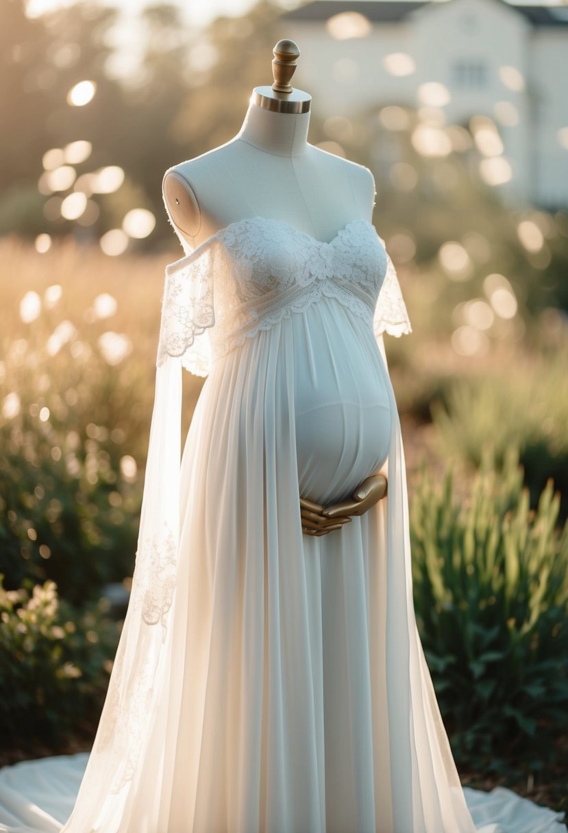 A flowing, off-shoulder wedding dress drapes over a mannequin with a subtle baby bump, adorned with delicate lace and elegant details