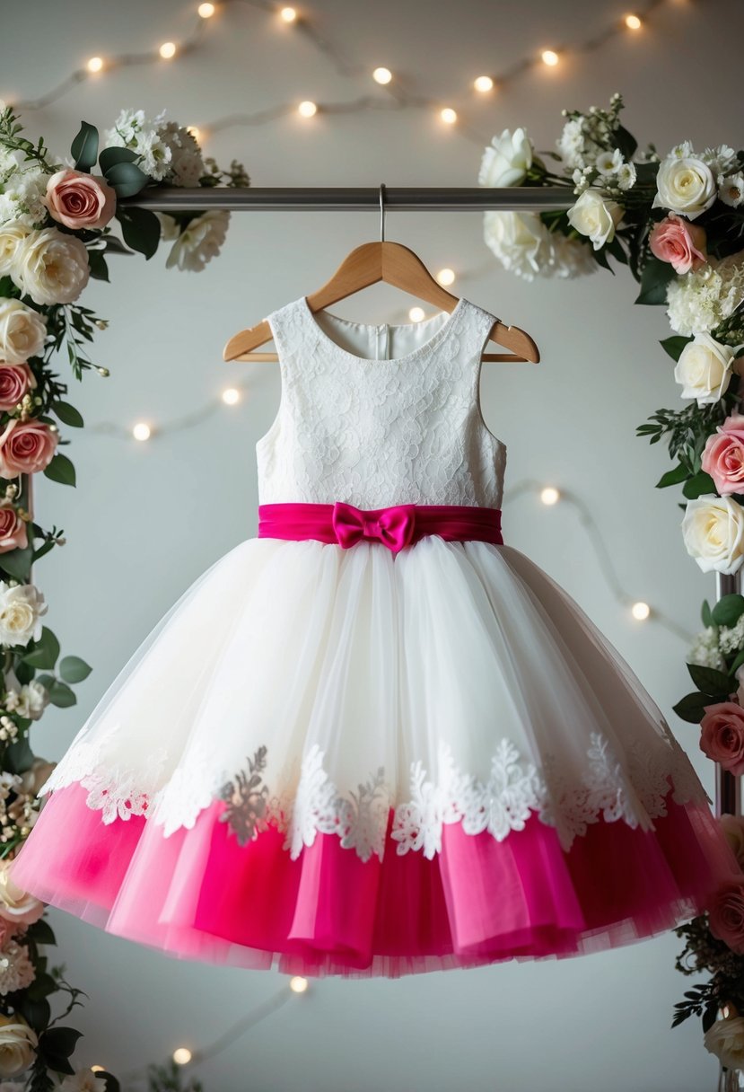 A white lace and pink tulle flower girl dress displayed on a hanger, surrounded by floral decorations and soft lighting