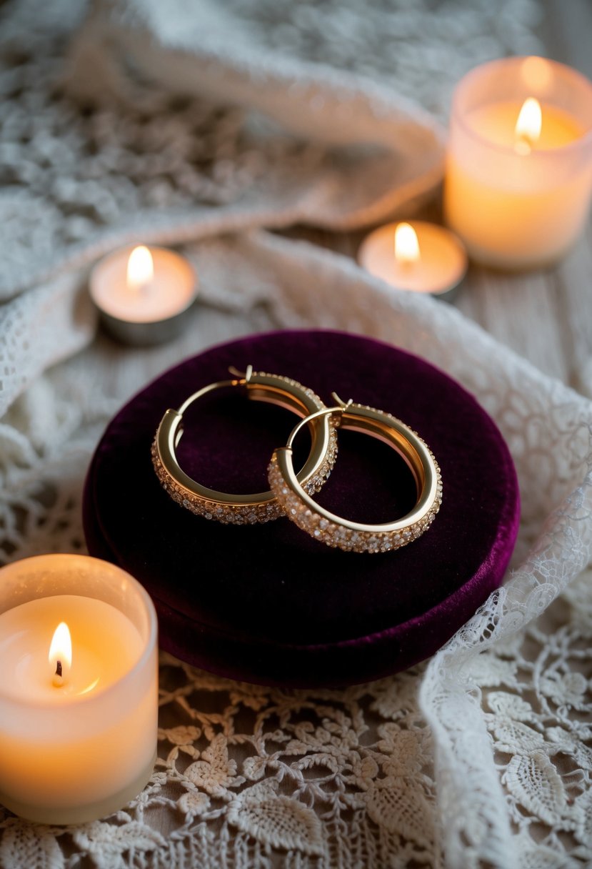 A pair of hoop earrings resting on a velvet cushion, surrounded by soft candlelight and delicate lace fabric