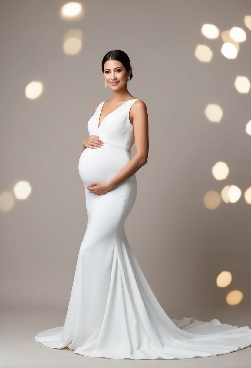 A minimalist, modern wedding gown designed for a pregnant woman, featuring clean lines and a flowing silhouette