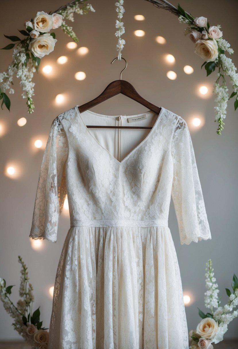 A vintage floral lace dress with 3/4 sleeves hangs on a hanger, surrounded by soft lighting and delicate floral accents