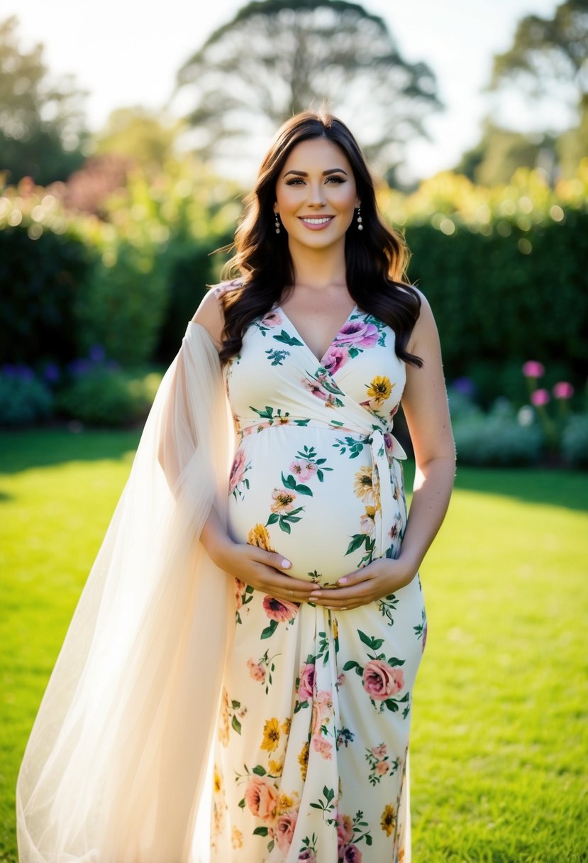 A glowing pregnant woman in a floral wrap dress, standing in a garden with a flowing wedding gown draped over her arm