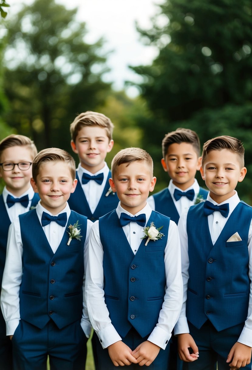 A group of boys, aged 9 and 10, wearing dapper waistcoat sets for a wedding, standing together in a stylish and formal manner