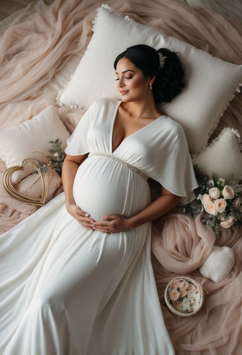 A serene, pregnant woman in a flowing V-neck wedding dress, surrounded by soft, comforting fabrics and gentle, elegant details