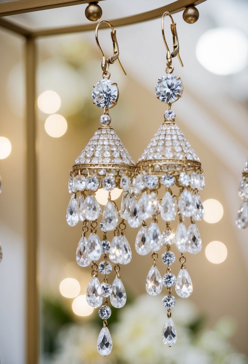 A sparkling chandelier earring dangles from an elegant display, catching the light and exuding glamour for a wedding guest's accessory