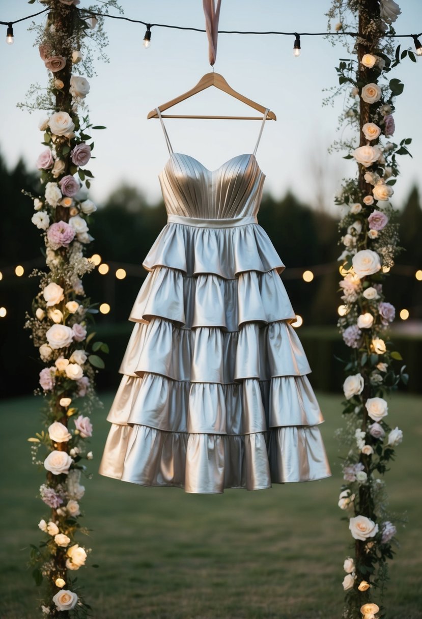 A metallic ruffle plissé tiered dress suspended in mid-air, surrounded by delicate floral arrangements and twinkling fairy lights