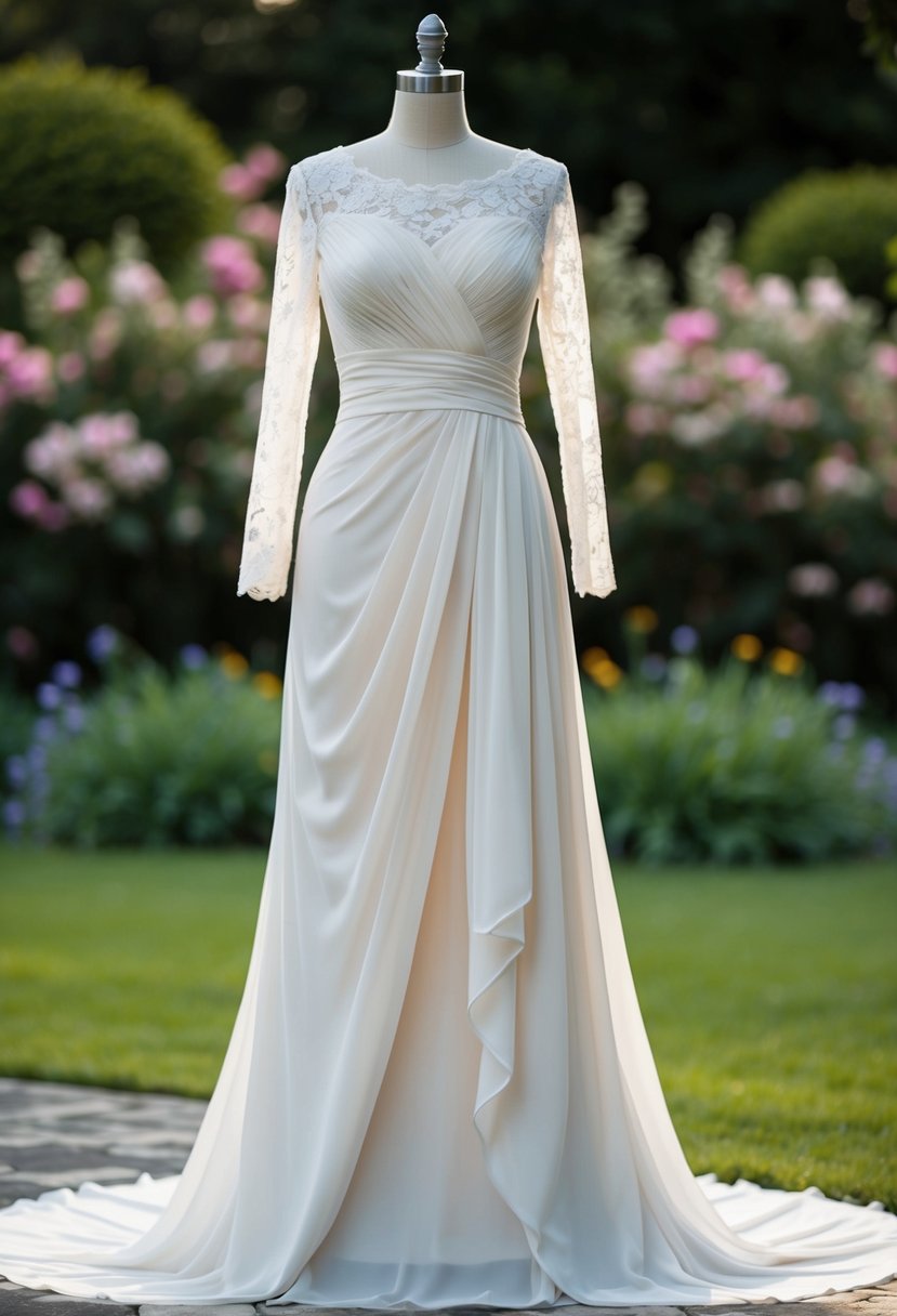 A flowing, empire-waist gown with delicate lace sleeves, a gentle drape, and a subtle train, set against a romantic garden backdrop