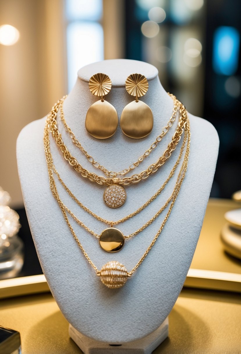 A collection of delicate layered necklaces paired with bold statement earrings, arranged on a velvet display stand