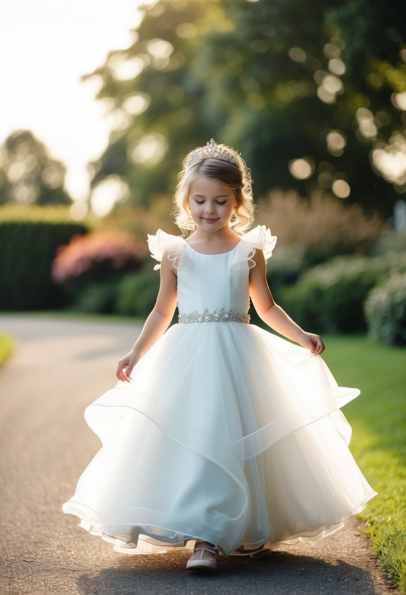 A young girl twirls in a ruffle shoulder scuba dress, imagining herself as a princess at a wedding