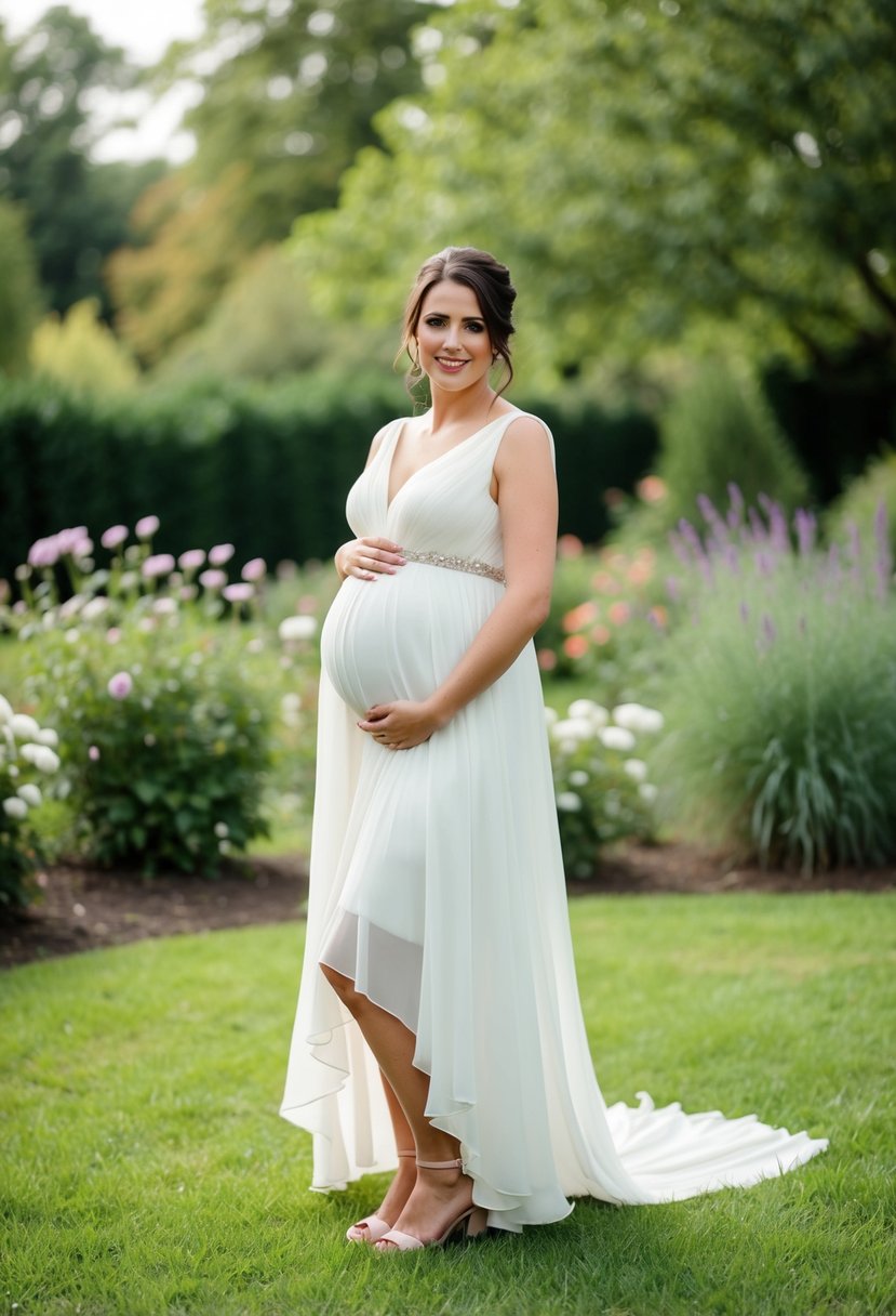 A pregnant bride stands in a garden, wearing a flowing wedding dress with a high-low hemline, her hand resting on her baby bump