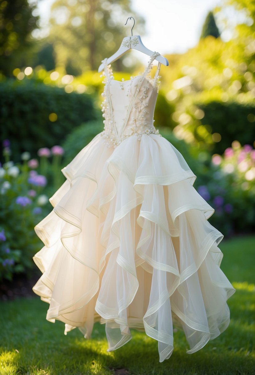 A whimsical fairy tale dress made of organza and tulle, adorned with delicate details, floats in a sunlit garden setting