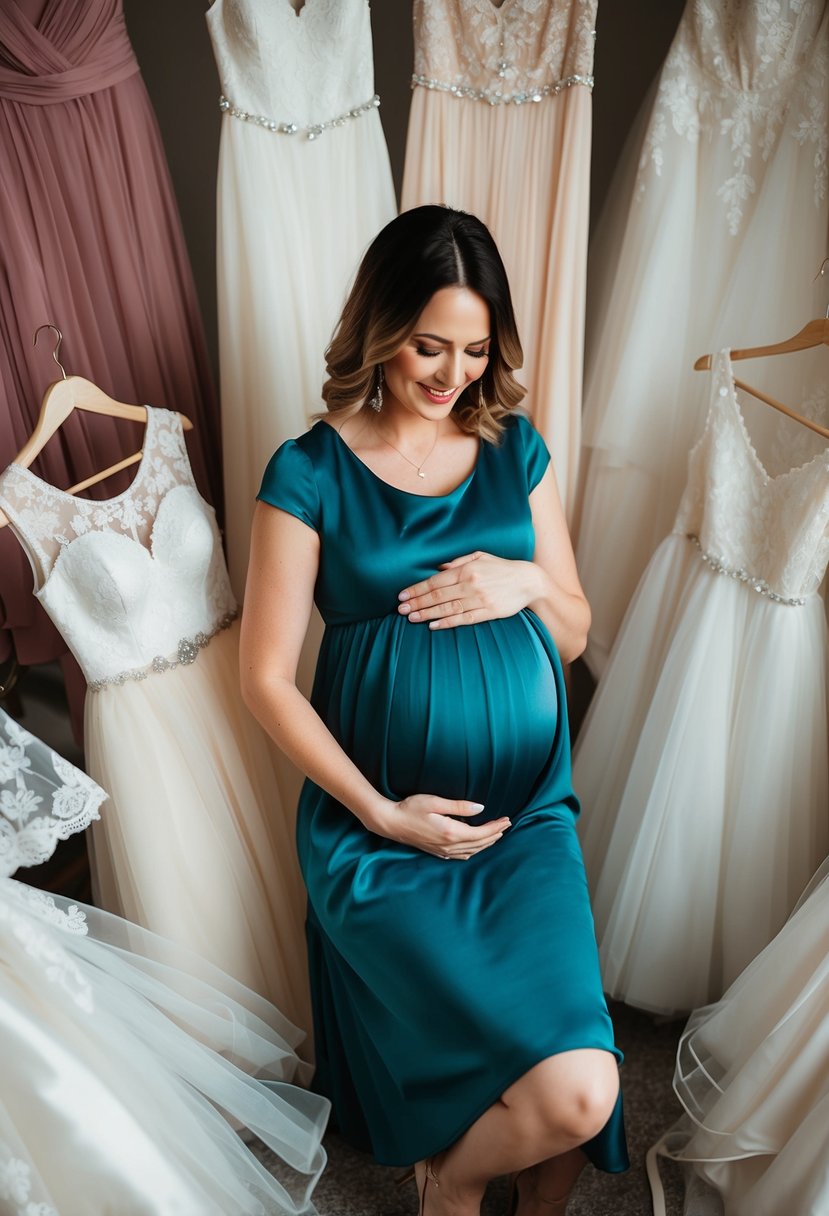 A woman in a tea-length dress, cradling her baby bump, surrounded by various wedding dress options