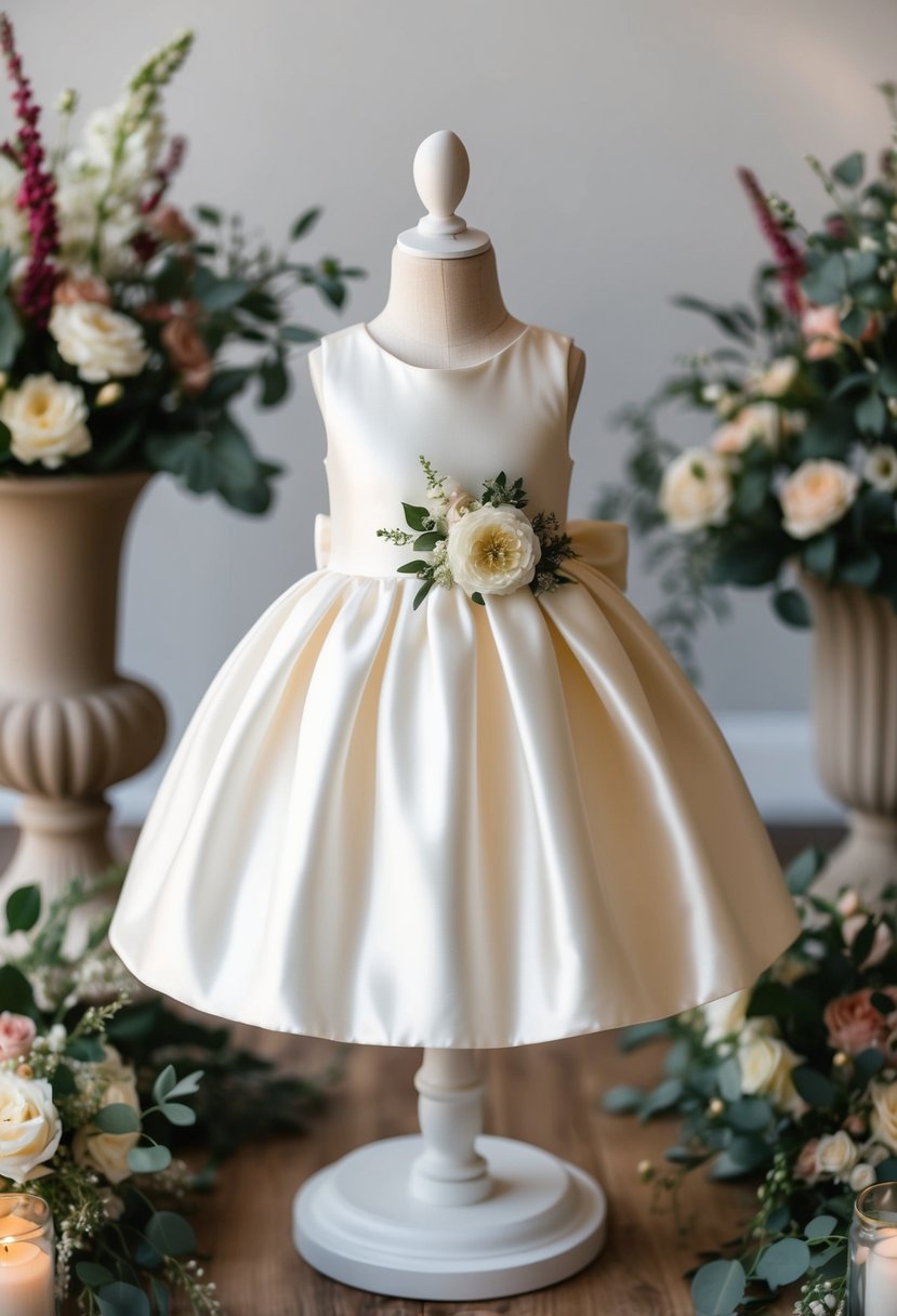 A delicate, custom handmade flower girl dress displayed on a mannequin, surrounded by floral arrangements and wedding decor