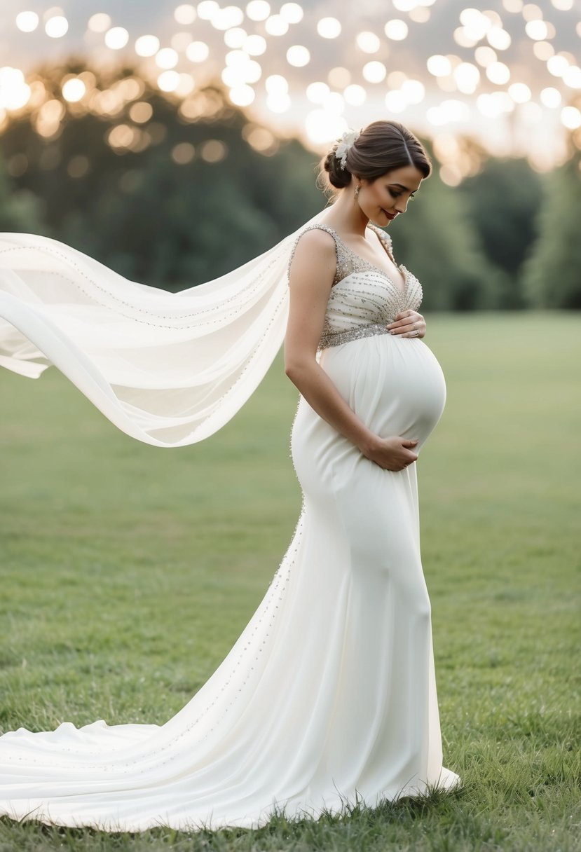 A flowing white wedding dress with delicate beaded accents, designed to accommodate a 5-month pregnant figure