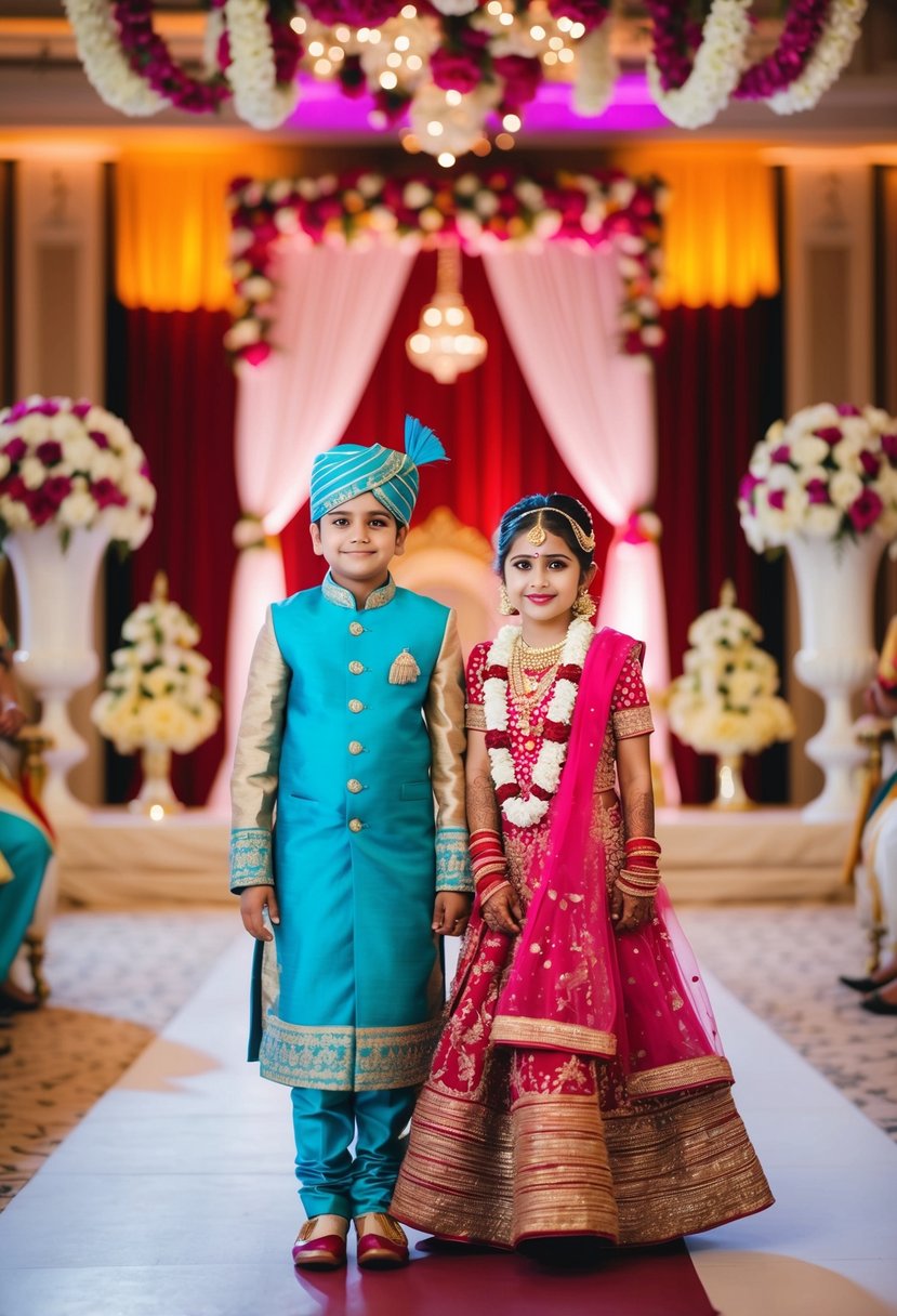 A grand Indian wedding scene with traditional decor and vibrant colors, showcasing elegant kids' wedding dress ideas by PinkBlueIndia