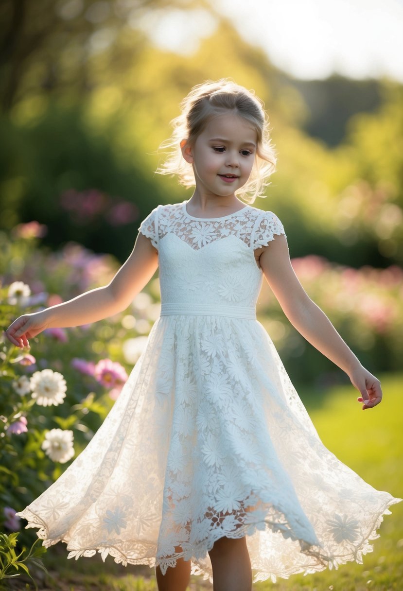 A young girl twirls in a white lace dress, surrounded by flowers and soft sunlight