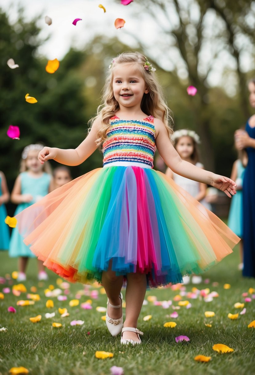 A young girl twirls in a rainbow tulle skirt dress, surrounded by colorful flower petals at a wedding