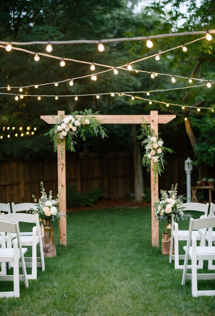 A cozy backyard set up with string lights, simple floral arrangements, and a rustic wooden arch for a budget-friendly small wedding