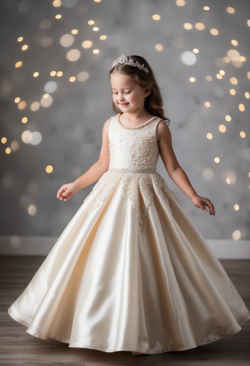 A young child twirls in a floor-length satin dress adorned with intricate pearl detailing, the A-line silhouette flowing gracefully around her