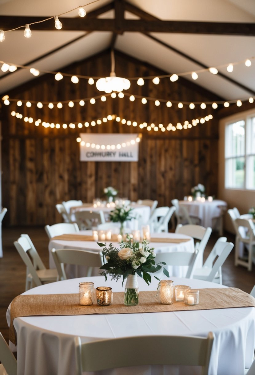 A cozy community hall with simple decorations and a rustic charm. A small wedding set up with budget-friendly details like DIY centerpieces and string lights