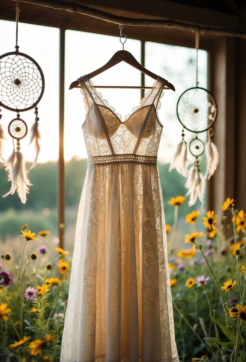 A whimsical lace dress hangs on a rustic wooden hanger, surrounded by wildflowers and dreamcatchers, with soft sunlight filtering through the window