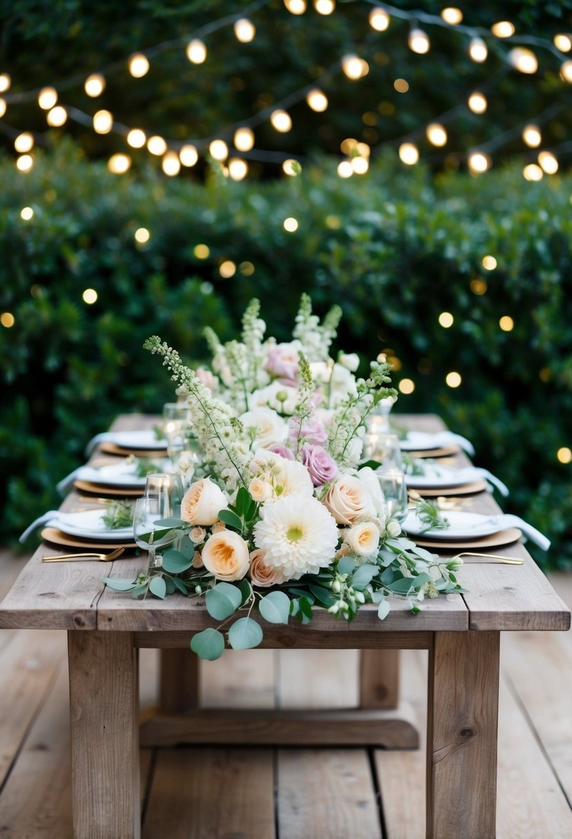 A rustic wooden table adorned with in-season flowers in soft pastel hues, set against a backdrop of lush greenery and twinkling fairy lights