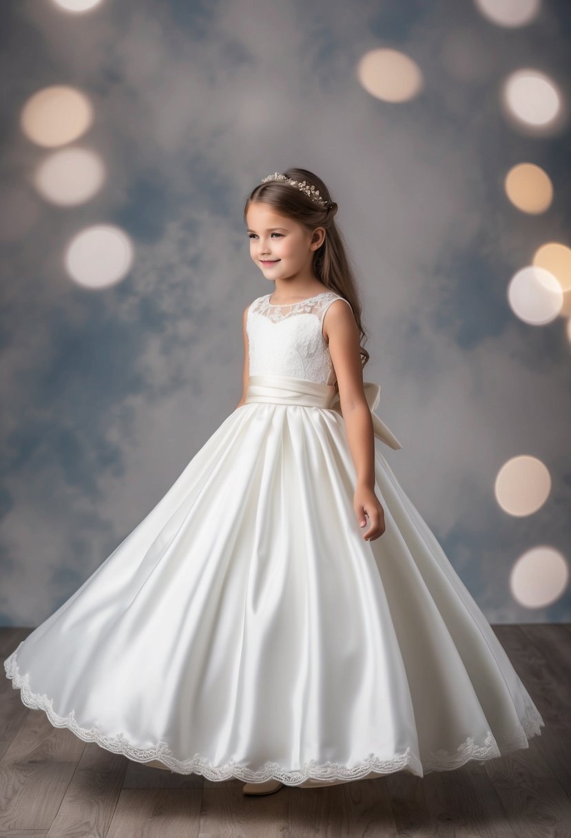 A young girl twirls in a floor-length white dress, adorned with delicate lace and a satin sash. The dress features a full skirt and a fitted bodice, perfect for a classic wedding