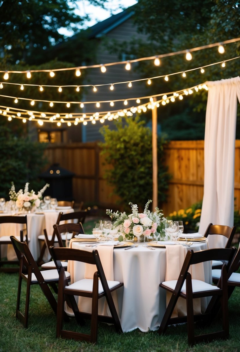 A cozy backyard adorned with string lights, floral centerpieces, and draped fabric creating a romantic ambiance for a budget-friendly small wedding