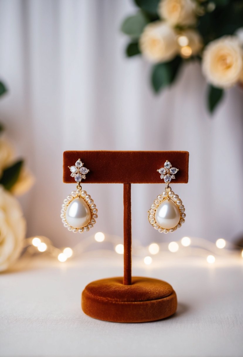 A pair of elegant gold pearl wedding earrings displayed on a velvet cushion with soft lighting and a romantic backdrop